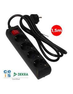 Prolongador con 4 tomas 2p+t, 16a 250v~ 1,5 m de cable h05vv-f 3g 1,5mm², con interruptor, negro.