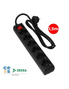Prolongador con 6 tomas 2p+t, 16a 250v~ 1,5 m de cable h05vv-f 3g 1,5mm², con interruptor, negro.