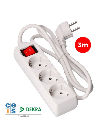 Prolongador con 3 tomas 2p+t, 16 a 250 v de cable h05vv-f 3g + interruptor luminoso 3 m.