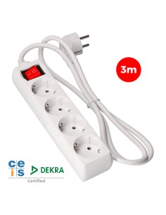 Prolongador con 4 tomas 2p+t, 16 a 250 v de cable h05vv-f 3g + interruptor luminoso 3 m.