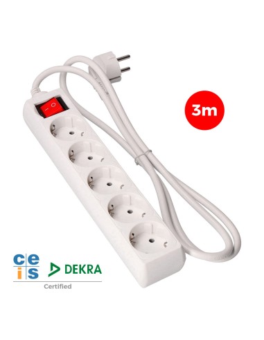 Prolongador con 5 tomas 2p+t, 16 a 250 v de cable h05vv-f 3g + interruptor luminoso 3 m.