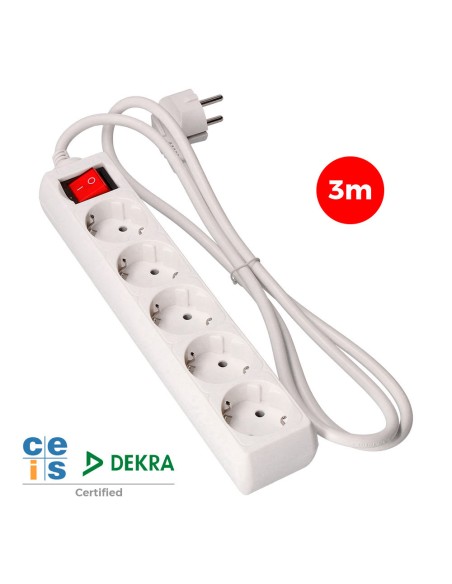 Prolongador con 5 tomas 2p+t, 16 a 250 v de cable h05vv-f 3g + interruptor luminoso 3 m.