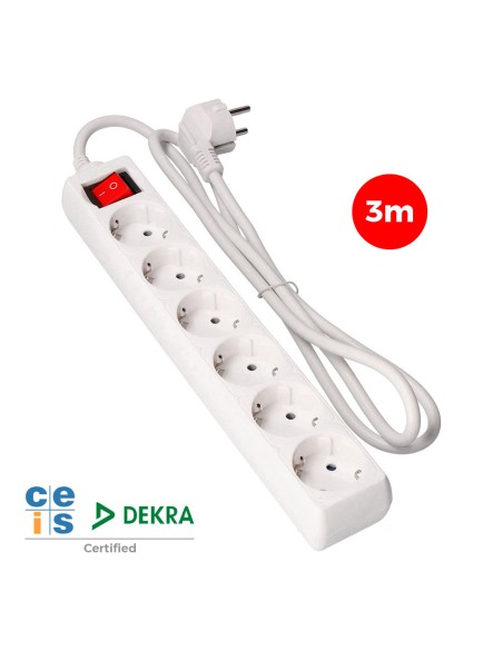 Prolongador con 6 tomas 2p+t, 16 a 250 v de cable h05vv-f 3g + interruptor luminoso 3 m.