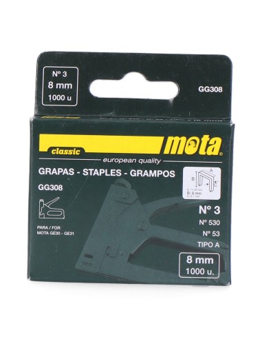 Grapas nº 3 de 8mm 1000 unid. espesor 0,7mm gg308 mota