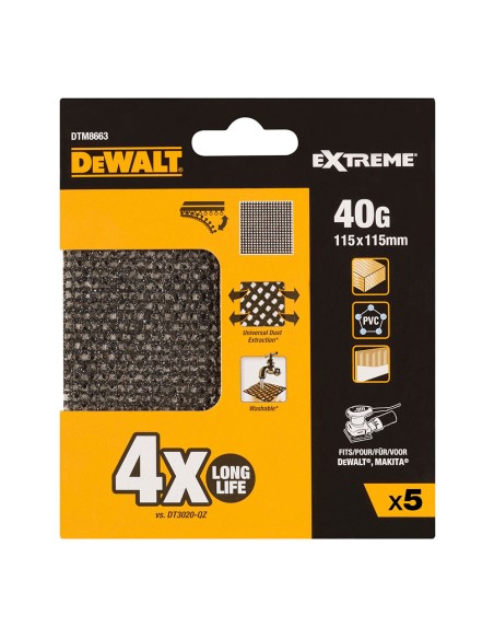Pack 5 lijas de malla autoadherente 1/4 grano 40 para lijadoras orbitales 115x115mm dtm8663-qz dewalt