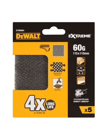 Pack 5 lijas de malla autoadherente 1/4 grano 60 para lijadoras orbitales 115x115mm dtm8664-qz dewalt