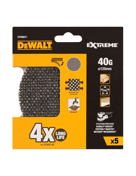 Pack 5 lijas de malla autoadherente ø125mm grano: 40 para lijadoras rotoorbitales dtm8671-qz dewalt