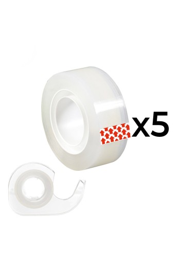 Pack de 5 rollos cinta adhesiva transparente (15 mm x 10 m) + 1 dispensador