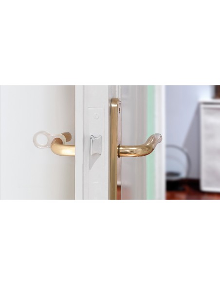 Pack 2 retenedores de puerta para colocación en manilla de plástico flexible transparente. mod. 8. rei