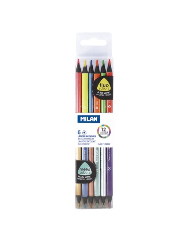 Caja con 6 lápices bicolor triangulares madera negra (colores fluo + metalizados) milan