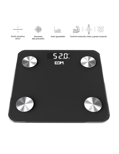 Báscula de baño digital inteligente con bluetooth color negro, máximo 180 kg