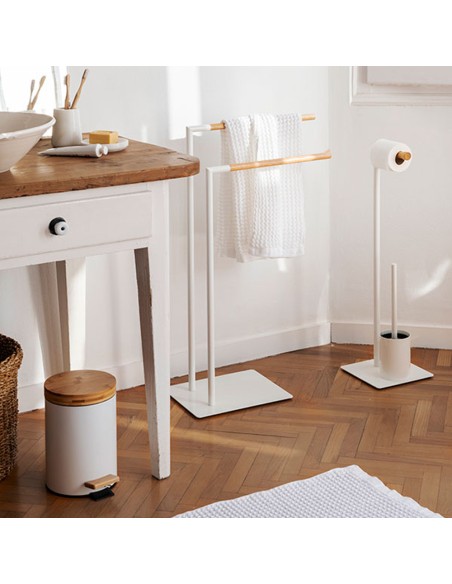 Papelera pedal blanca con tapa bambú 3 l ø17 x 26 cm