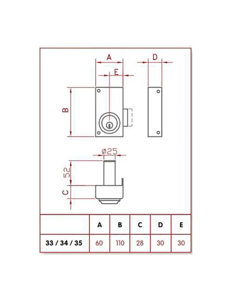 Cerradura de sobreponer solo llave. derecha jis 33-6d jis