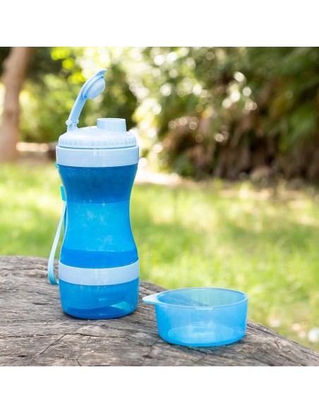 Botella con depósito de agua y comida para mascotas 2 en 1