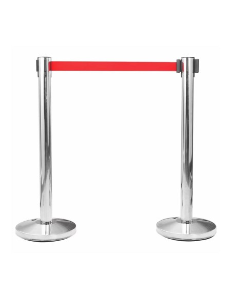 Poste separador inox con cinta roja extensible de 2 m x 5 cm
