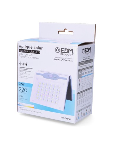 Aplique solar 2w 220lm 6.500k con sensor color...