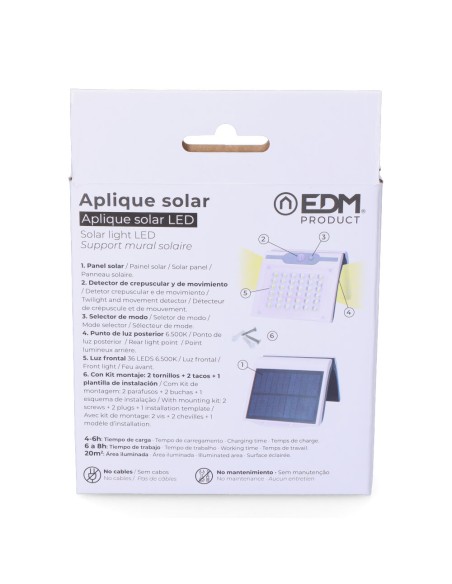 Aplique solar 2w 220lm 6.500k con sensor color blanco edm