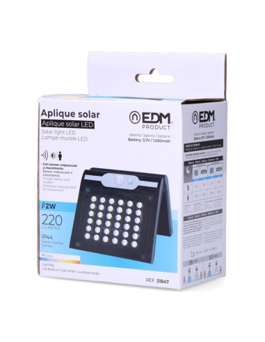 Aplique solar 2w 220lm 6.500k con sensor color...