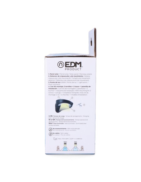 Aplique solar 2w 200lm 6500k con sensor color negro edm