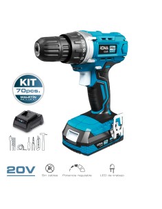 Kit maletin taladro atornillador 20 v con 70 accesorios con batería y cargador koma tools