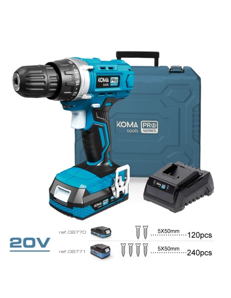 Kit maletin taladro atornillador 20 v con 70 accesorios con batería y cargador koma tools