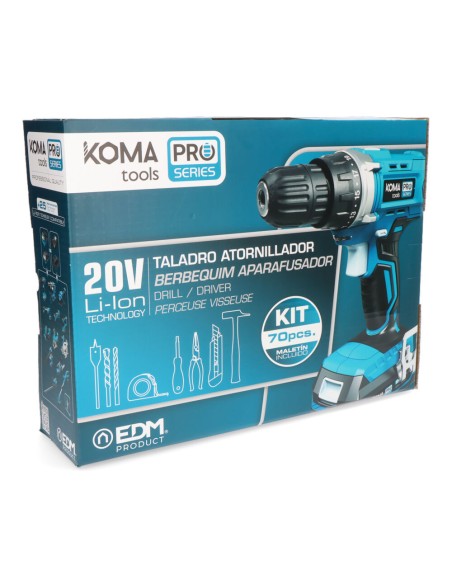 Kit maletin taladro atornillador 20 v con 70 accesorios con batería y cargador koma tools