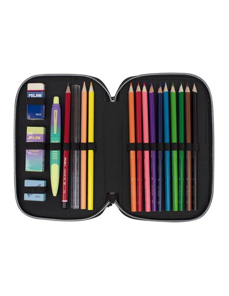 Plumier de 2 pisos con contenido sunset, negro y rosa milan