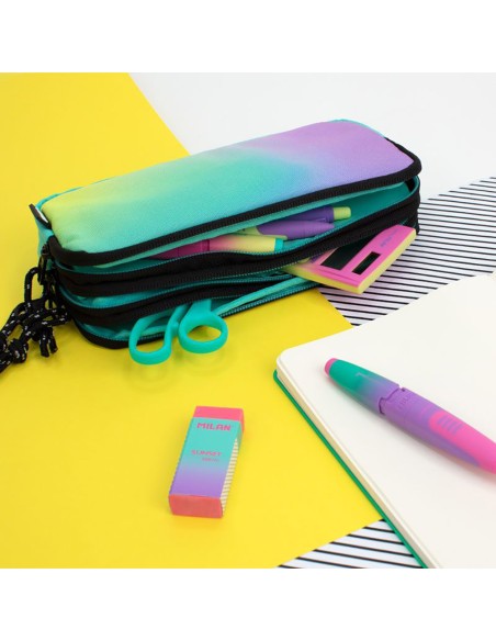 Estuche con 3 cremalleras sunset verde-lila