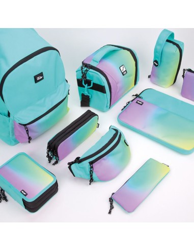 Estuche con 3 cremalleras sunset verde-lila