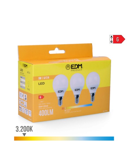 Kit 3 bombillas esfericas led e14 5 w 400 lm 3200 k luz calida ø4,5 x 8 cm