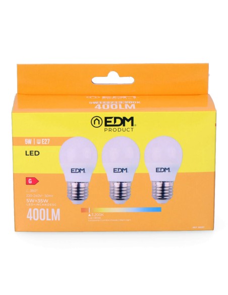 Kit 3 bombillas esfericas led e27 5 w 400 lm 3200 k luz calida ø4,5 x 8 cm
