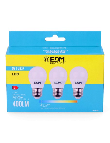 Kit 3 bombillas esfericas led e27 5 w 400 lm 6400 k luz fria ø4,5 x 8 cm
