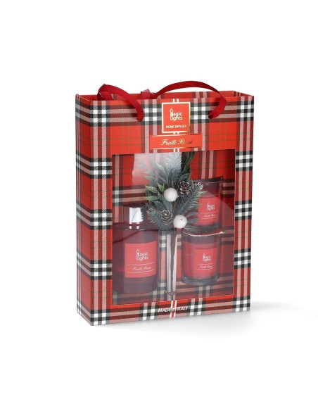 Estuche mikado difusor + 2 velas frutos rojos