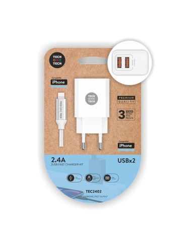 Cargador doble blanco + cable nylon ligthning 2,4 a 12 w 5 v