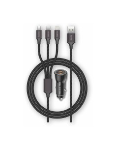 Cargador mechero negro 2xusb + cable triple nylon tech one tech 2