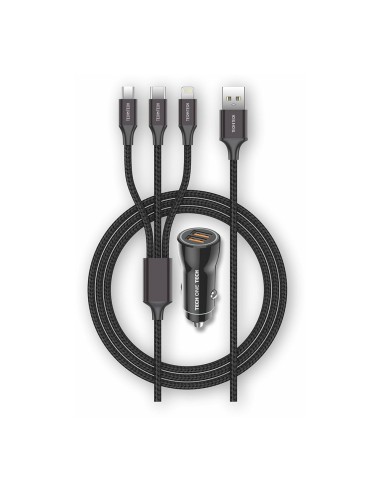 Cargador mechero negro 2xusb + cable triple...