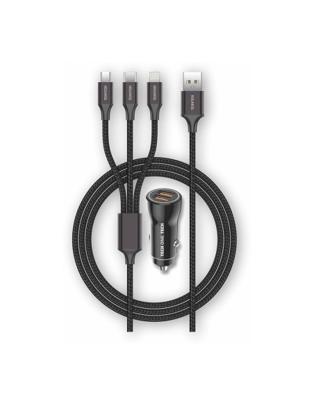 Cargador mechero negro 2xusb + cable triple nylon tech one tech