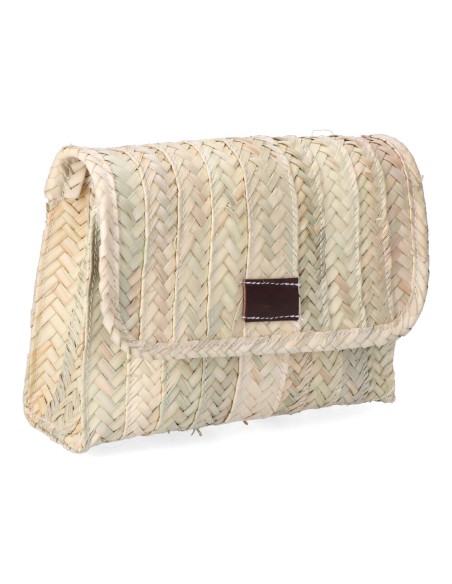 Bolso de palma lola con tapa y asa de piel.