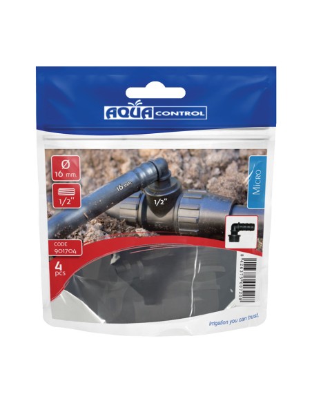 Codo mixto tubo 16mm a rosca macho 1/2" a tubo 16mm en bolsa zip 4 unidades 901704 aqua control