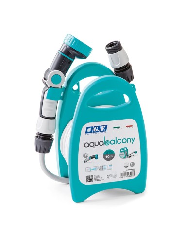 Kit miniportamanguera aquabalcony equipado con 10 m de manguera, lanza ergo 8 jet y 2 racores. color azul