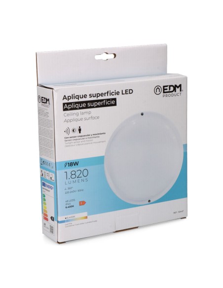 Aplique led redondo con sensor crepuscular y de movimiento 18 w 1820 lm 6.400 k luz fría 23 x 10,2 x 4,5 cm