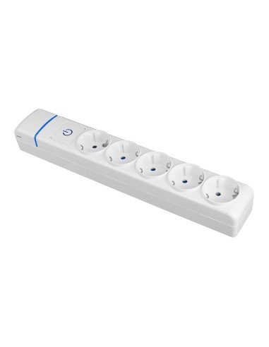 Base múltiple de 5 tomas 2p+t, 16 a 250 v con interruptor luminoso.