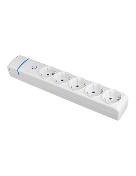 Base múltiple de 5 tomas 2p+t, 16 a 250 v con interruptor luminoso.