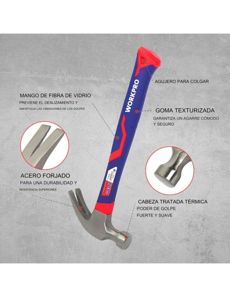 Martillo de carpintero de 450g con mango de fibra de vidrio. workpro