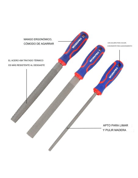 Escofinas 200mm, juego 3 piezas. workpro