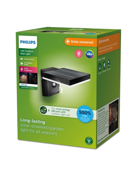 Aplique solar mural cuadrado ultraeficiente,ip44 1,3w, 250im 3000k, luz cálida, philips