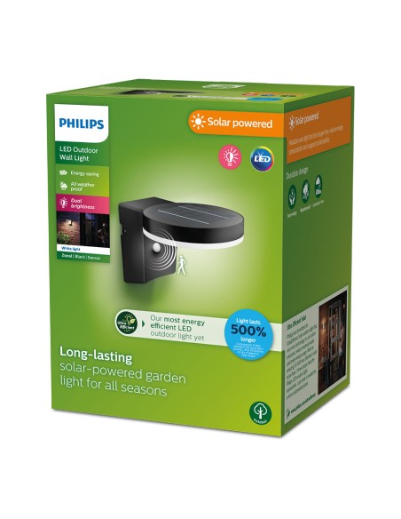 Aplique solar mural redondo ultraeficiente,ip44 1,3w, 250im 3000k, luz cálida. philips