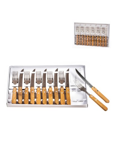 Set 6 cuchillos + 6 tenedores mango madera kozina