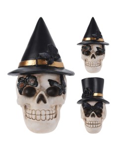Calavera con sombrero halloween, 2 modelos, 10x11x14cm.