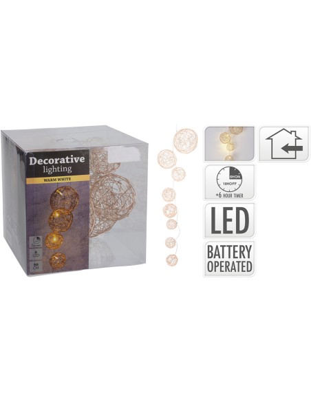 Guirnalda 8 bolas de alambre de varios diametros, led blanco calido, 8 led, 90 cm